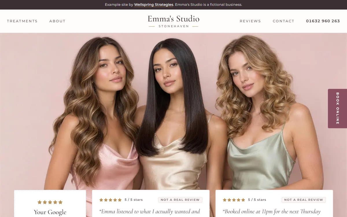 Emma's Studio, an example website for a hair, lash and brow salon