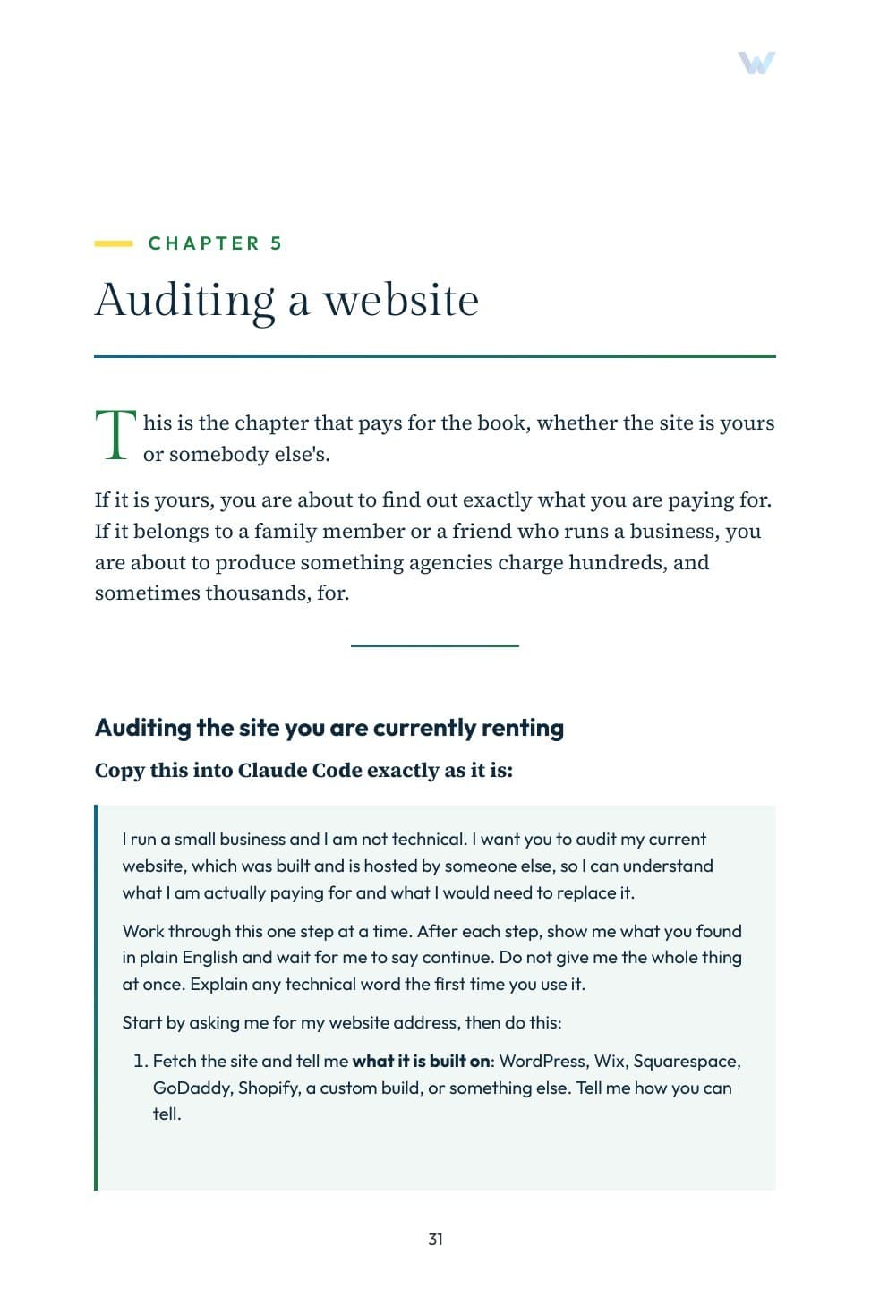 Sample page. Chapter 5: the prompt that audits the website you are renting